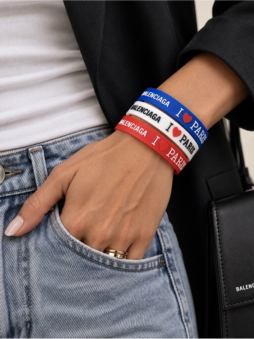 Balenciaga Paris Souvenir Champion Bracelet Set of 3 | Red White Blue | NWOT